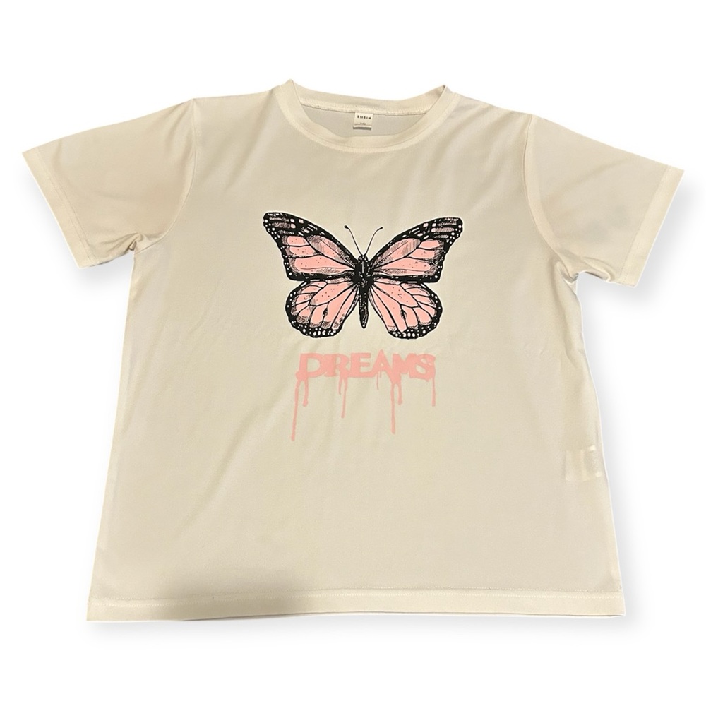 SHEIN White and Pink Butterfly Tee Short Sleeve